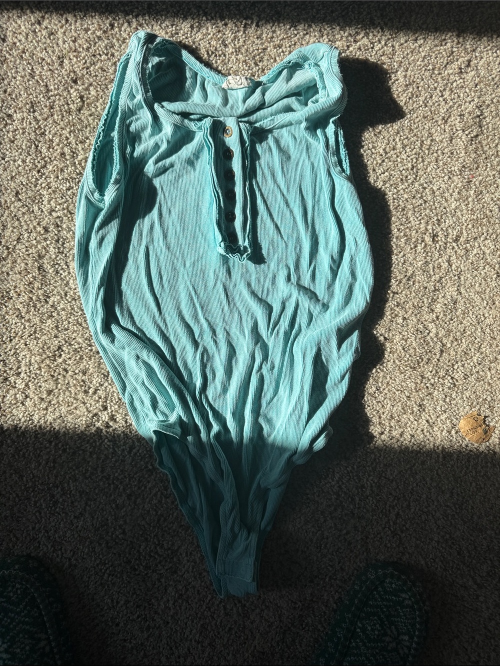 POL Teal Ribbed Button-Front Bodysuit